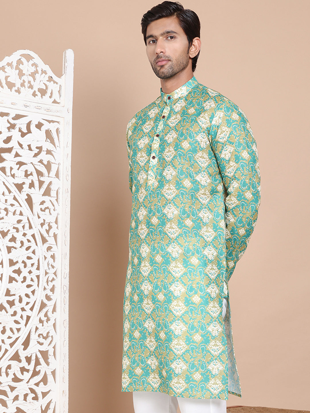 Men's Printed Pure Cotton Kurtas ( KO 5079Green )