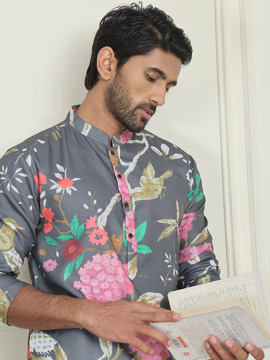 Men's Animal Printed Pure Cotton Straight Kurtas. ( KO 5079 Grey )