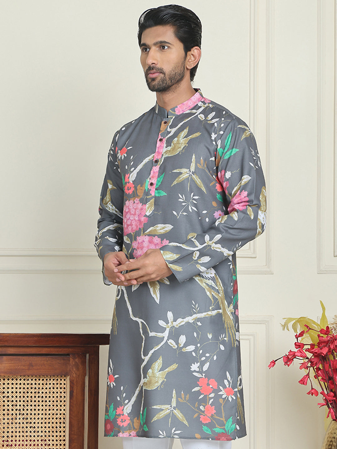 Men's Animal Printed Pure Cotton Straight Kurtas. ( KO 5079 Grey )