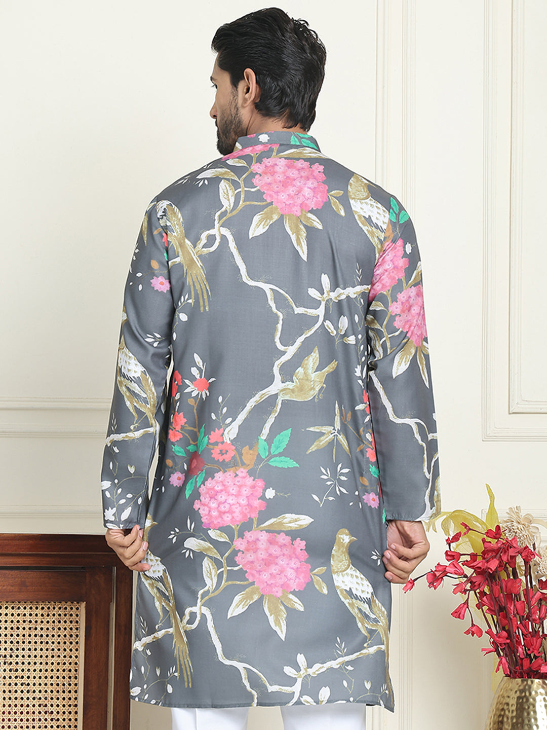 Men's Animal Printed Pure Cotton Straight Kurtas. ( KO 5079 Grey )