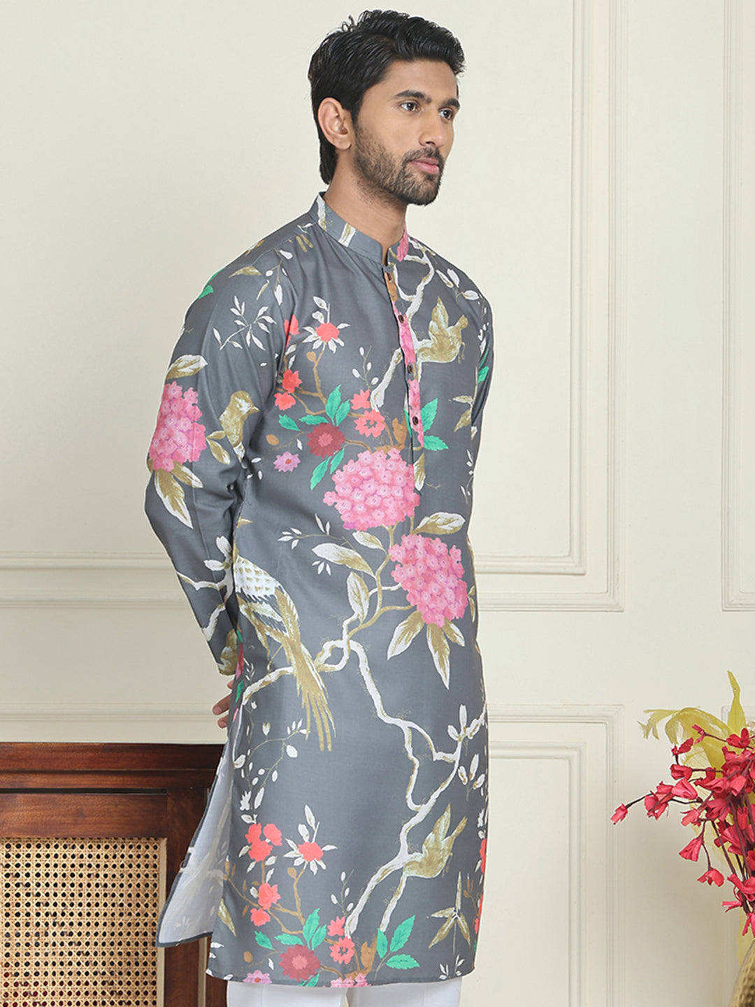 Men's Animal Printed Pure Cotton Straight Kurtas. ( KO 5079 Grey )