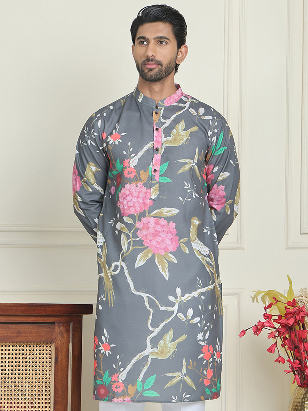 Men's Animal Printed Pure Cotton Straight Kurtas. ( KO 5079 Grey )