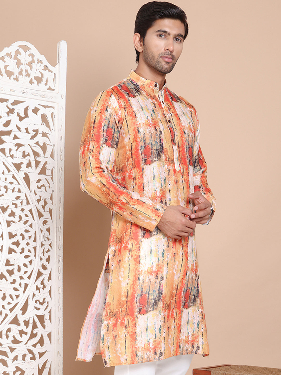 Men's Printed Pure Cotton Kurtas ( KO 5079Orange )