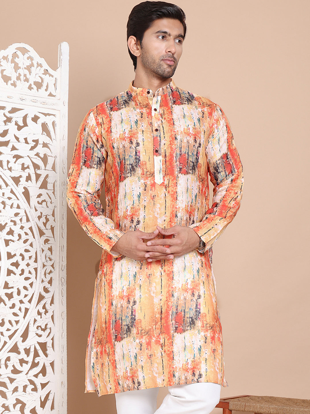 Men's Printed Pure Cotton Kurtas ( KO 5079Orange )