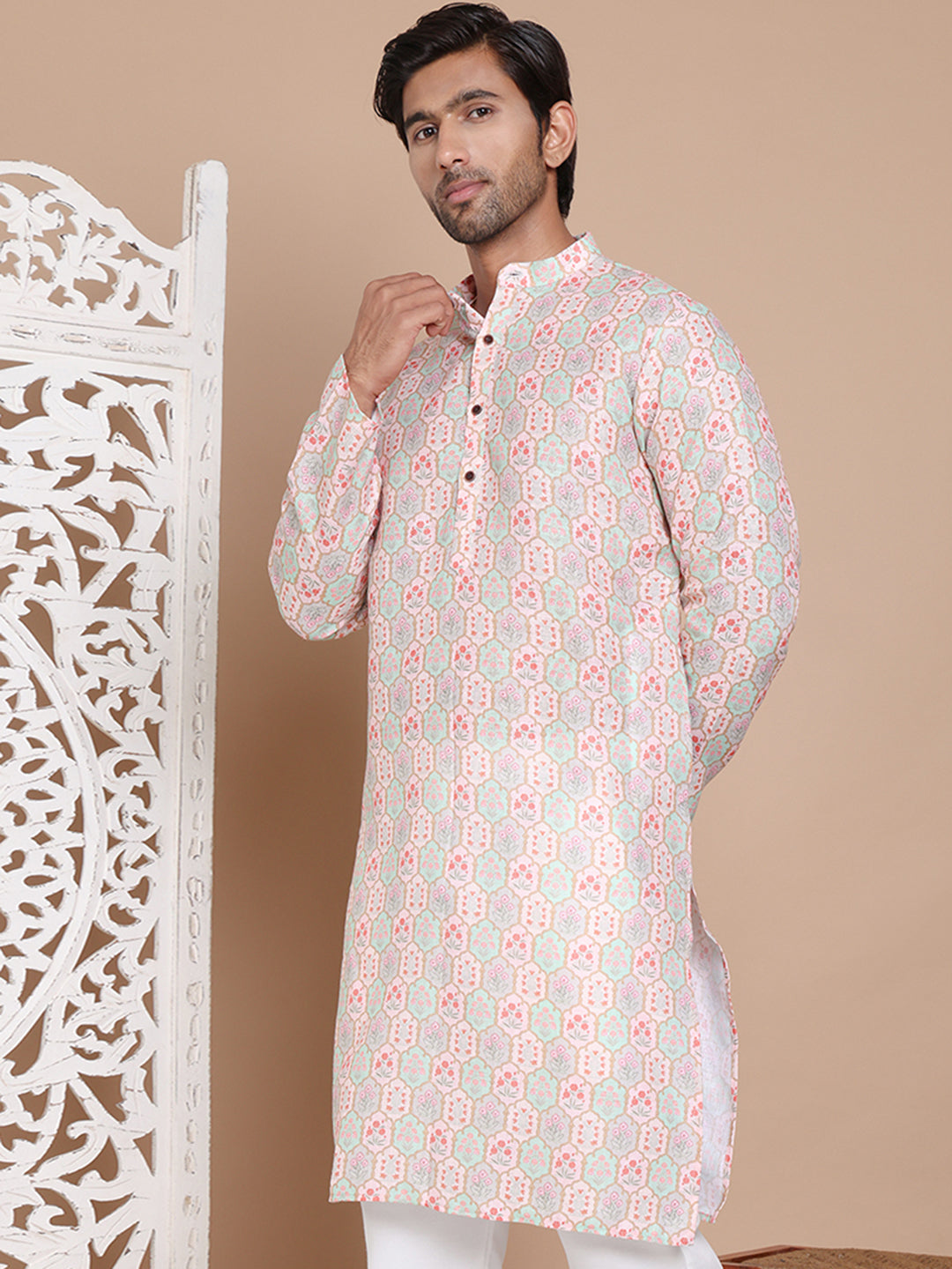 Men's Printed Pure Cotton Kurtas ( KO 5079Peach )