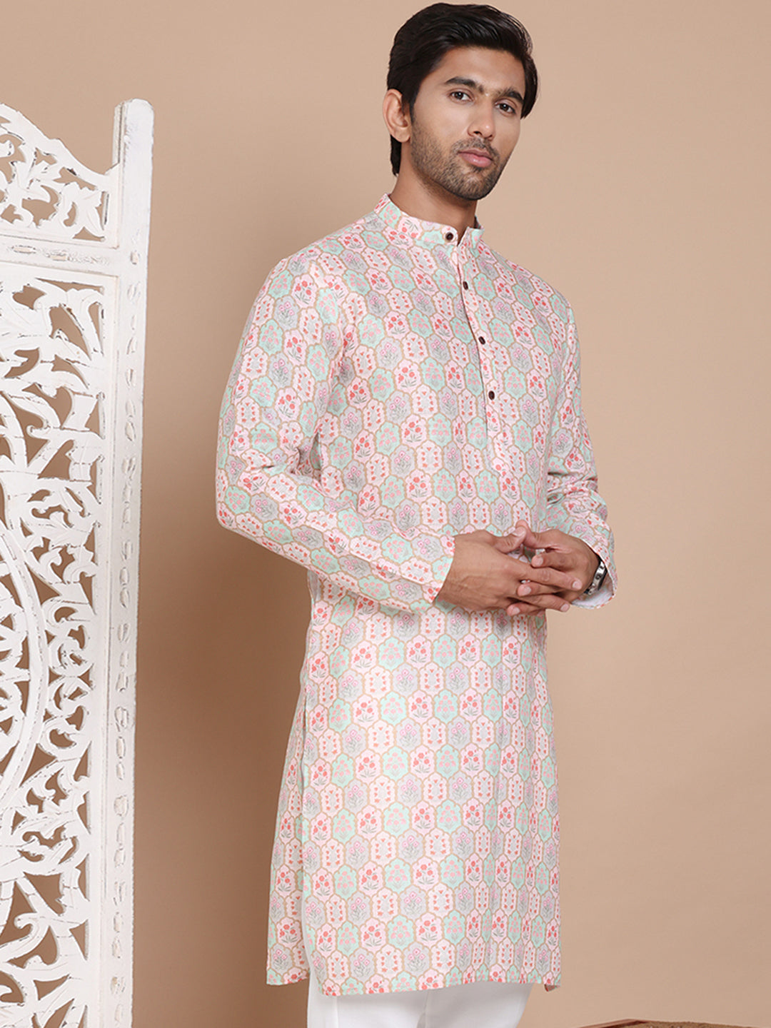 Men's Printed Pure Cotton Kurtas ( KO 5079Peach )