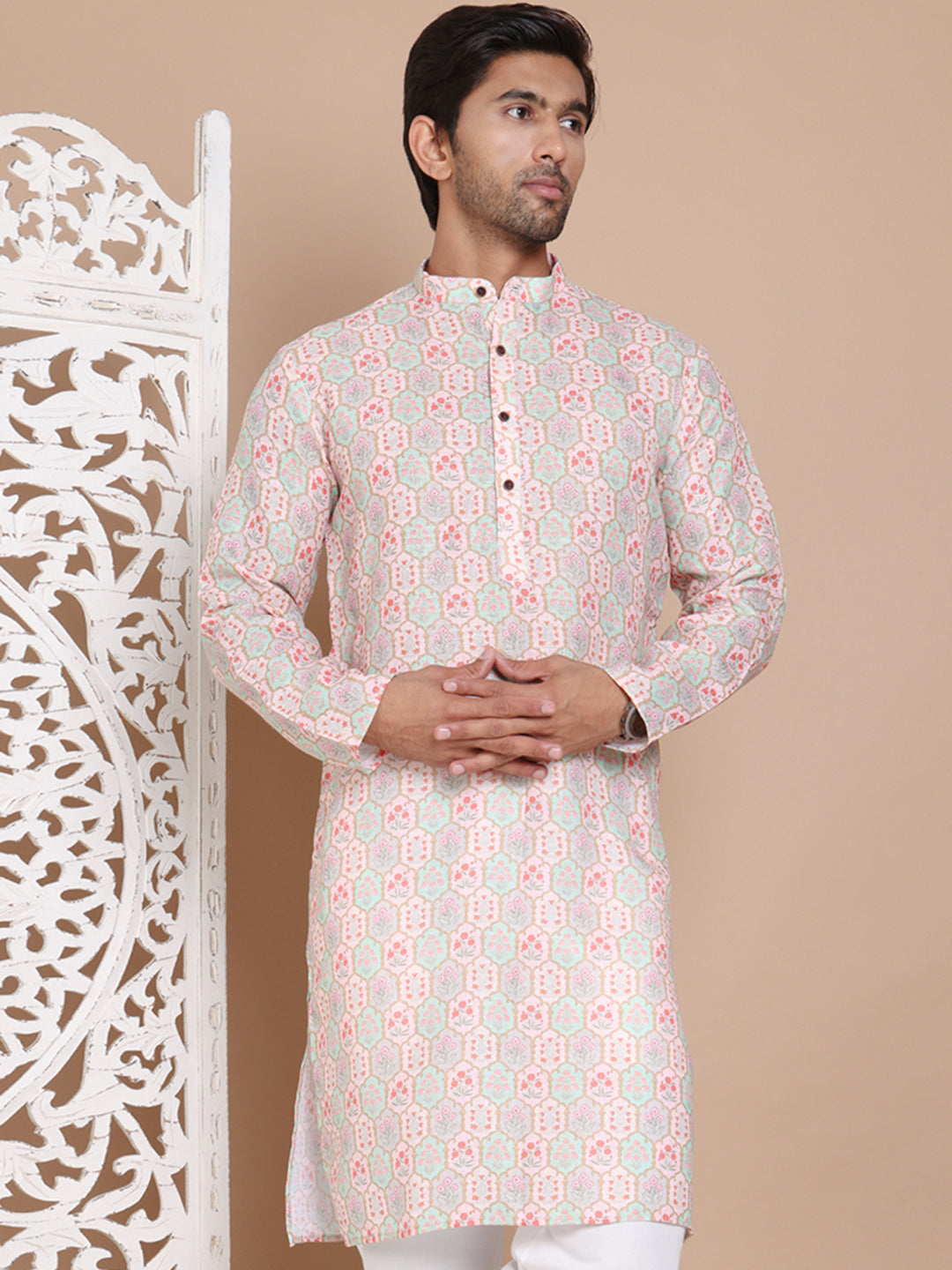 Men's Printed Pure Cotton Kurtas ( KO 5079Peach )