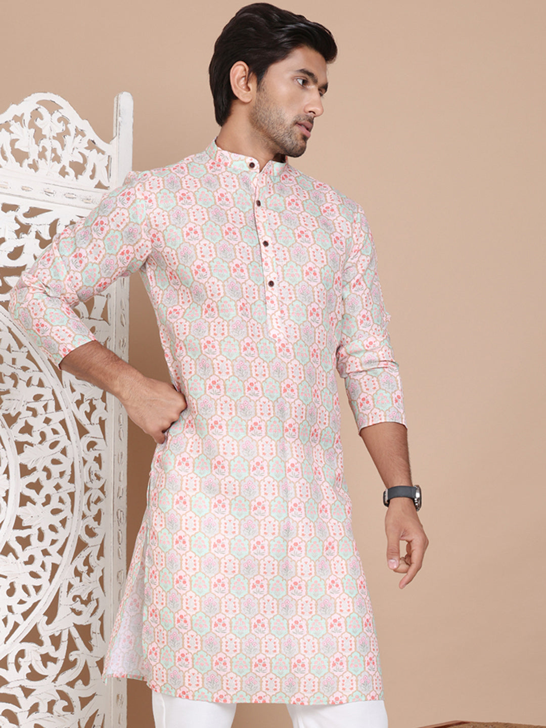 Men's Printed Pure Cotton Kurtas ( KO 5079Peach )