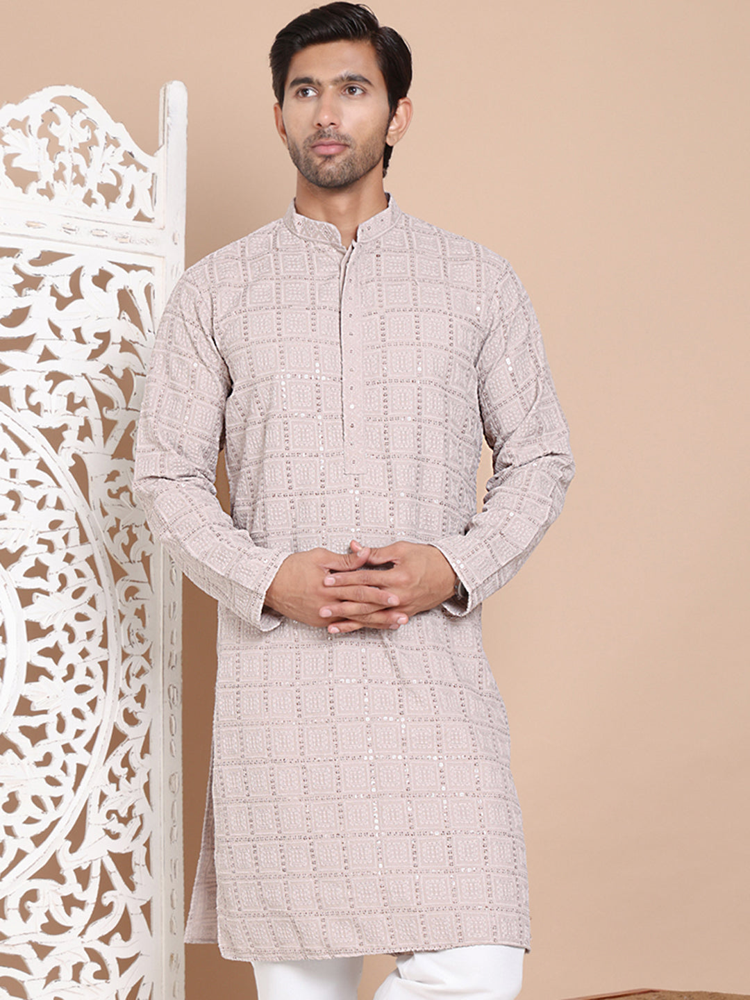 Sequin Embroidered Pure Cotton Kurtas ( KO 5096Grey )