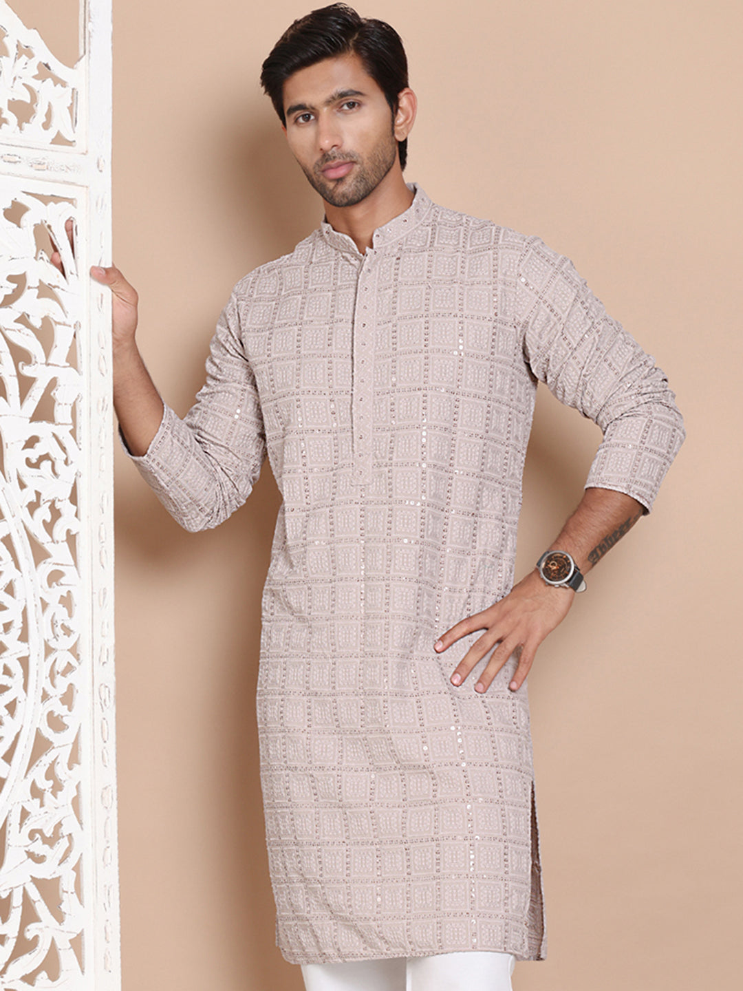 Sequin Embroidered Pure Cotton Kurtas ( KO 5096Grey )