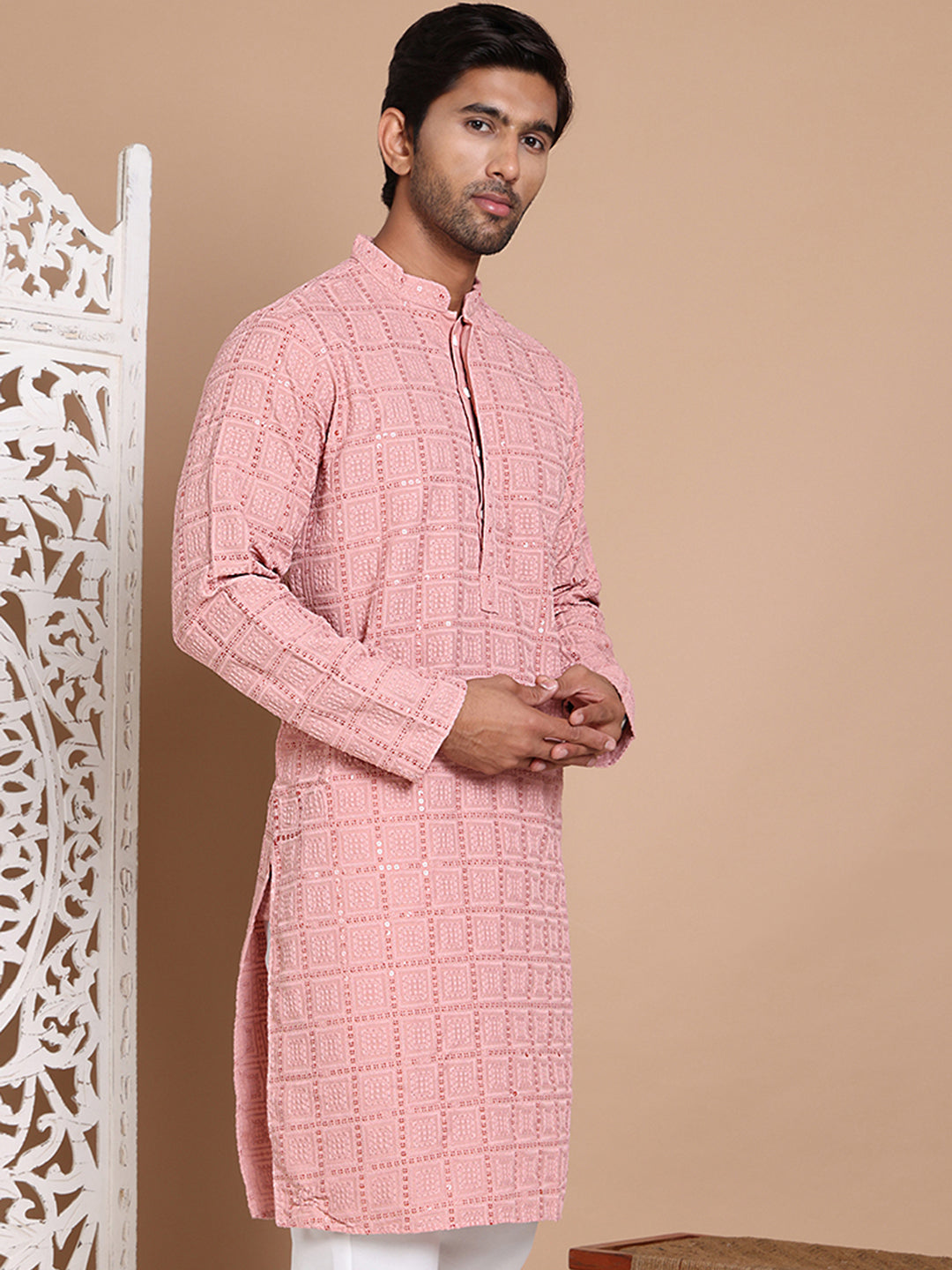 Sequin Embroidered Pure Cotton Kurtas ( KO 5096Peach )
