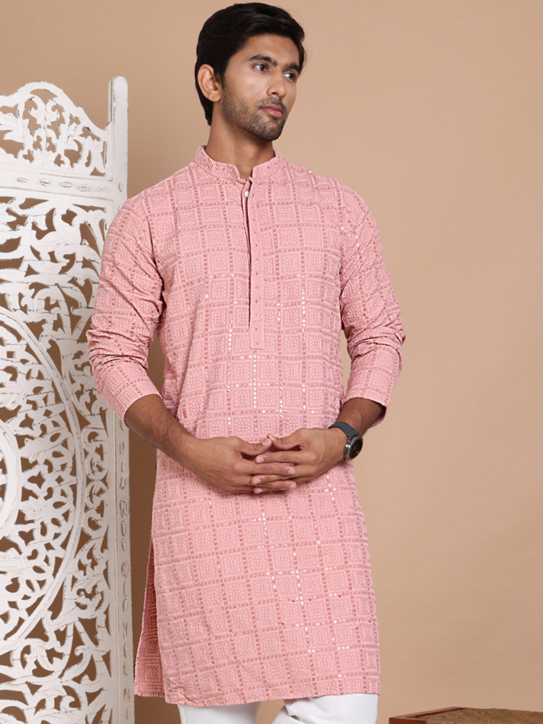 Sequin Embroidered Pure Cotton Kurtas ( KO 5096Peach )