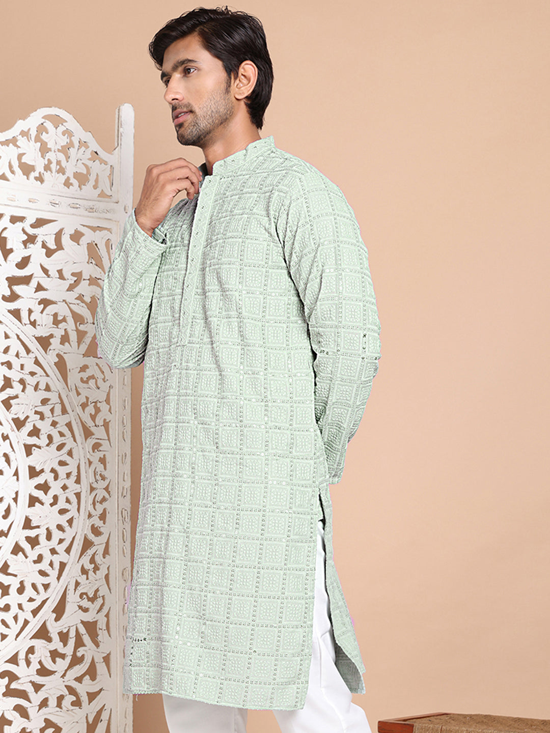 Sequin Embroidered Pure Cotton Kurtas ( KO 5096Pista )