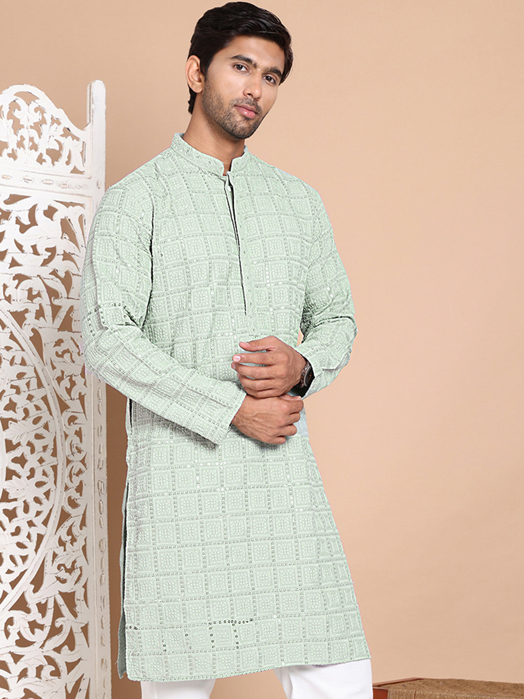 Sequin Embroidered Pure Cotton Kurtas ( KO 5096Pista )