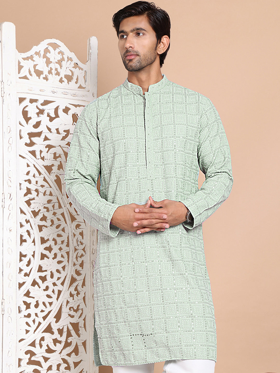 Sequin Embroidered Pure Cotton Kurtas ( KO 5096Pista )