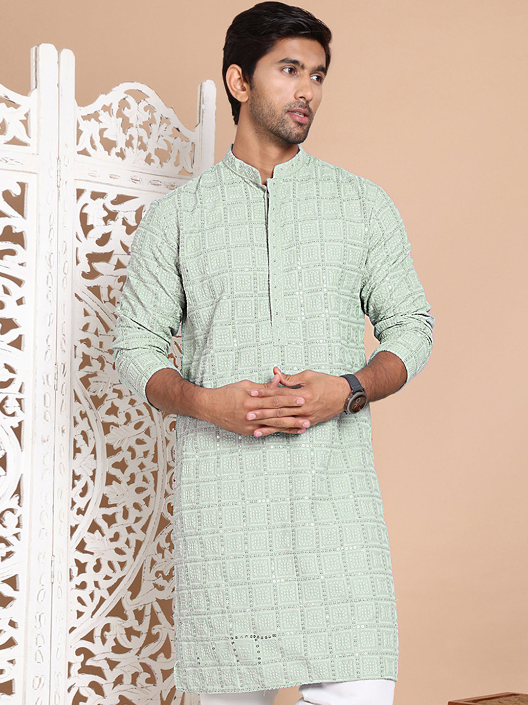 Sequin Embroidered Pure Cotton Kurtas ( KO 5096Pista )