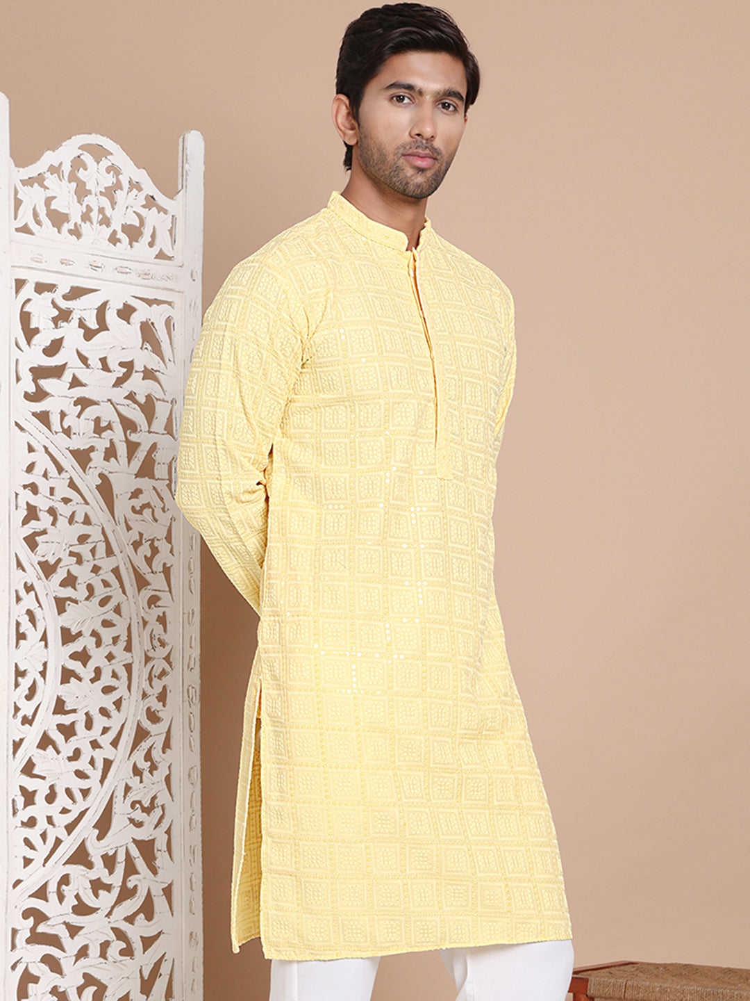 Sequin Embroidered Pure Cotton Kurtas ( KO 5096Yellow )