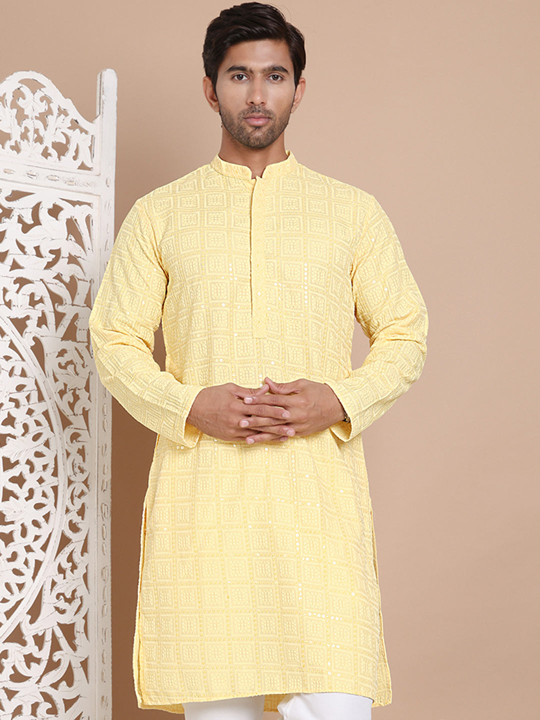 Sequin Embroidered Pure Cotton Kurtas ( KO 5096Yellow )