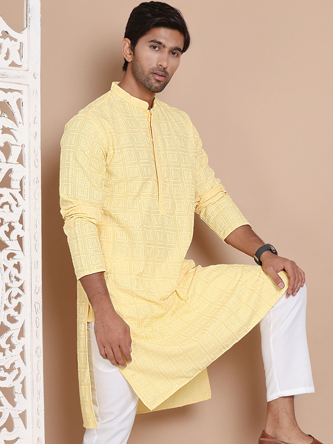 Sequin Embroidered Pure Cotton Kurtas ( KO 5096Yellow )