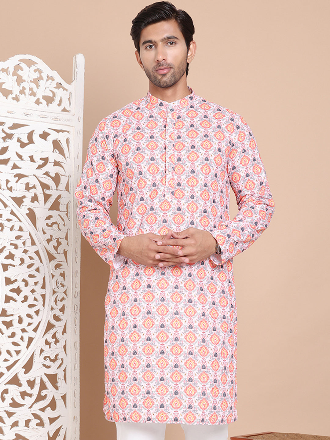 Printed and Emrbroidered Kurtas ( KO 5097Peach )