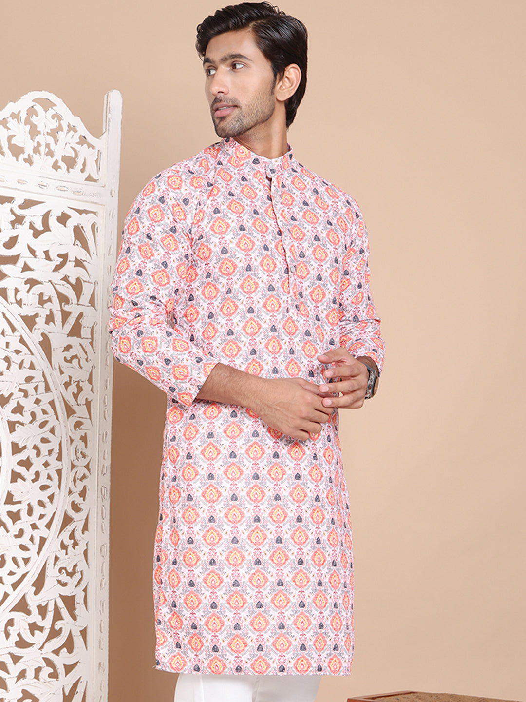 Printed and Emrbroidered Kurtas ( KO 5097Peach )