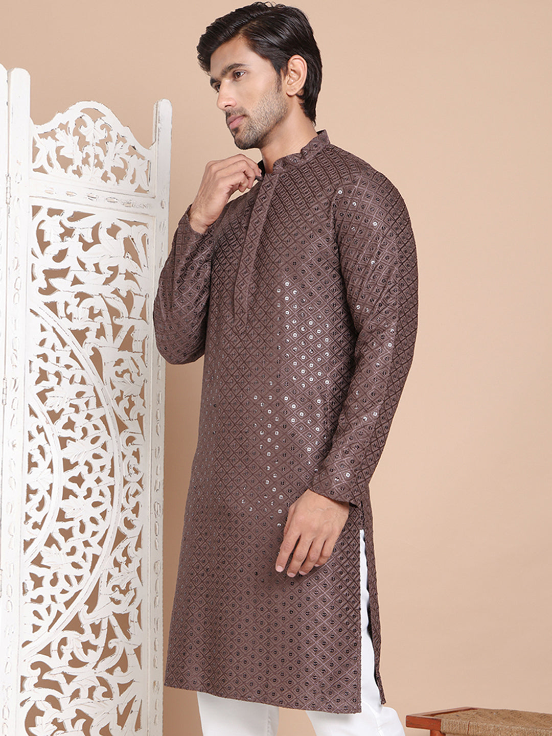 Embroidered and Sequence Kurta For Men. ( KO 5098Coffee ) [FF] [J-2-3]