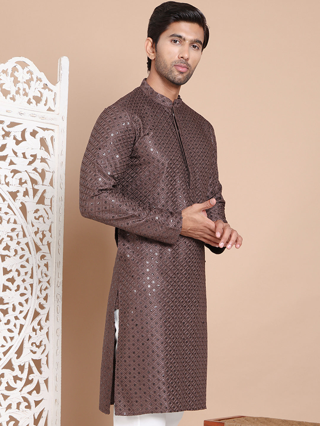 Embroidered and Sequence Kurta For Men. ( KO 5098Coffee ) [FF] [J-2-3]