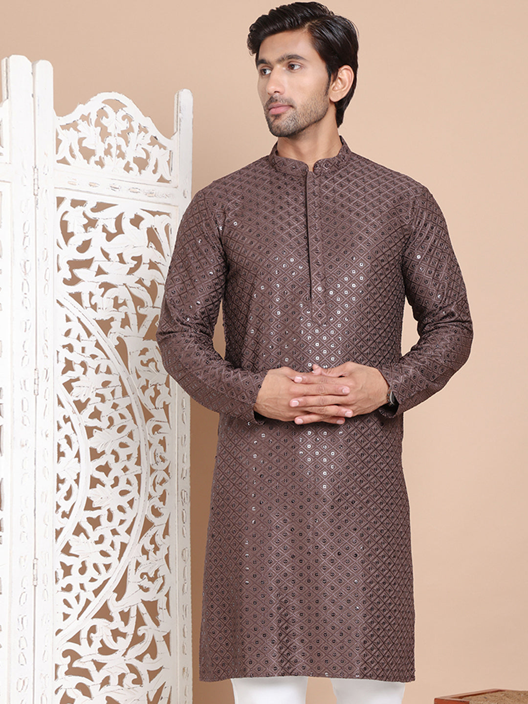 Embroidered and Sequence Kurta For Men. ( KO 5098Coffee ) [FF] [J-2-3]