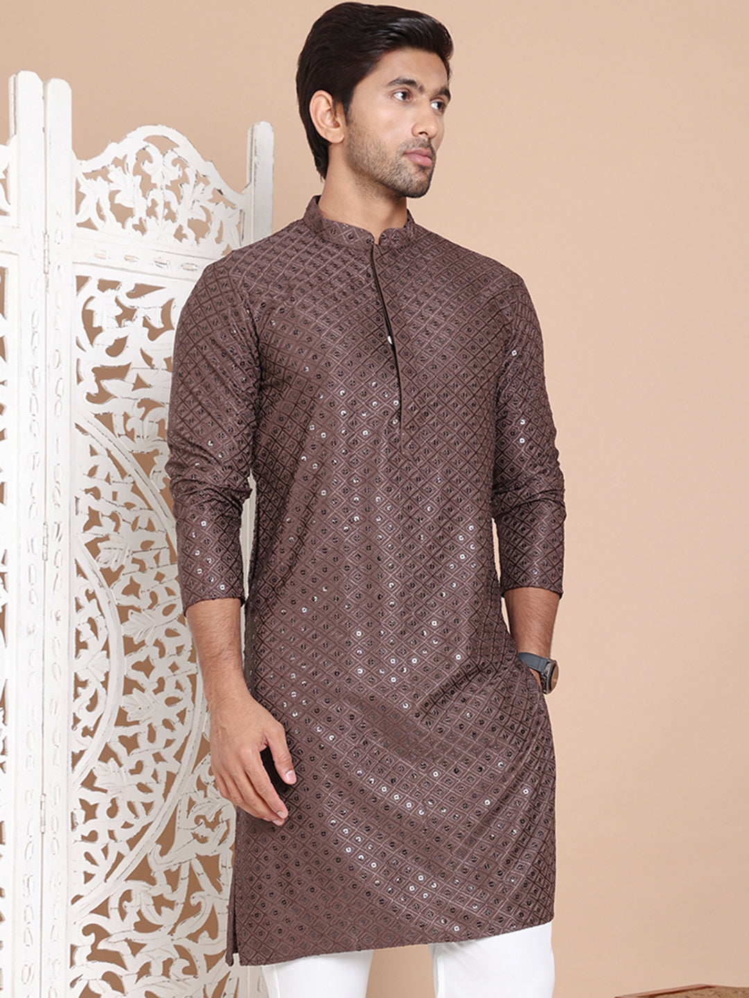 Embroidered and Sequence Kurta For Men. ( KO 5098Coffee ) [FF] [J-2-3]