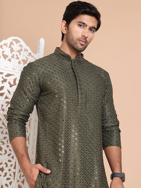 Embroidered and Sequence Kurta For Men. ( KO 5098Mehndi ) [FF] [J-2-3]