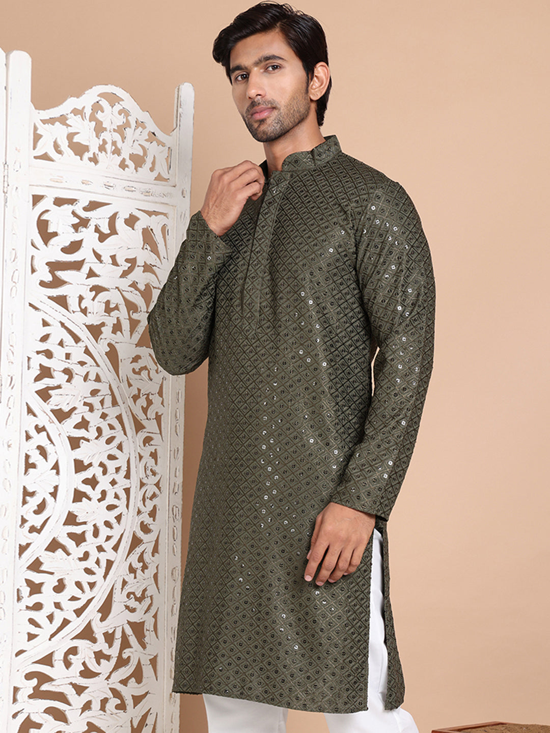 Embroidered and Sequence Kurta For Men. ( KO 5098Mehndi ) [FF] [J-2-3]