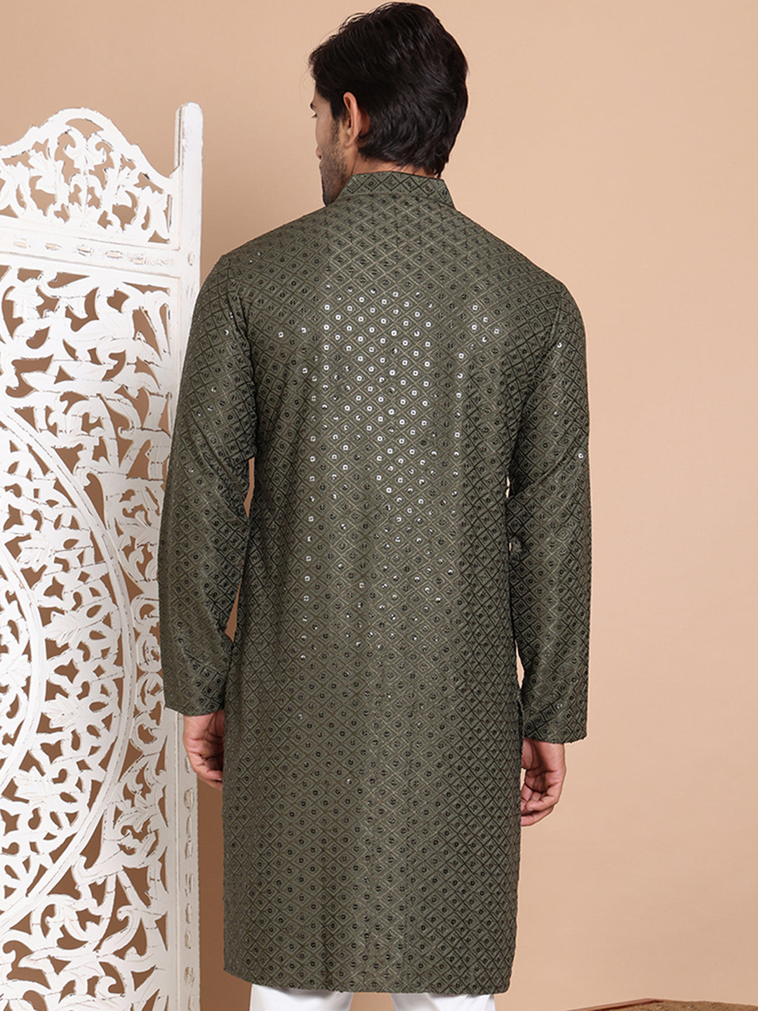 Embroidered and Sequence Kurta For Men. ( KO 5098Mehndi ) [FF] [J-2-3]
