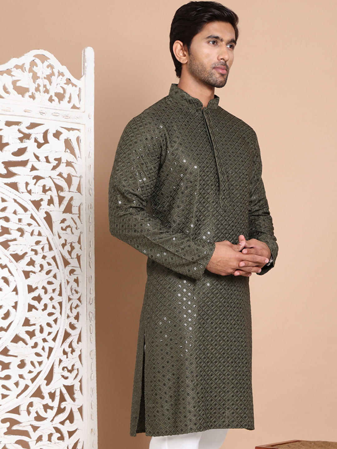 Embroidered and Sequence Kurta For Men. ( KO 5098Mehndi ) [FF] [J-2-3]
