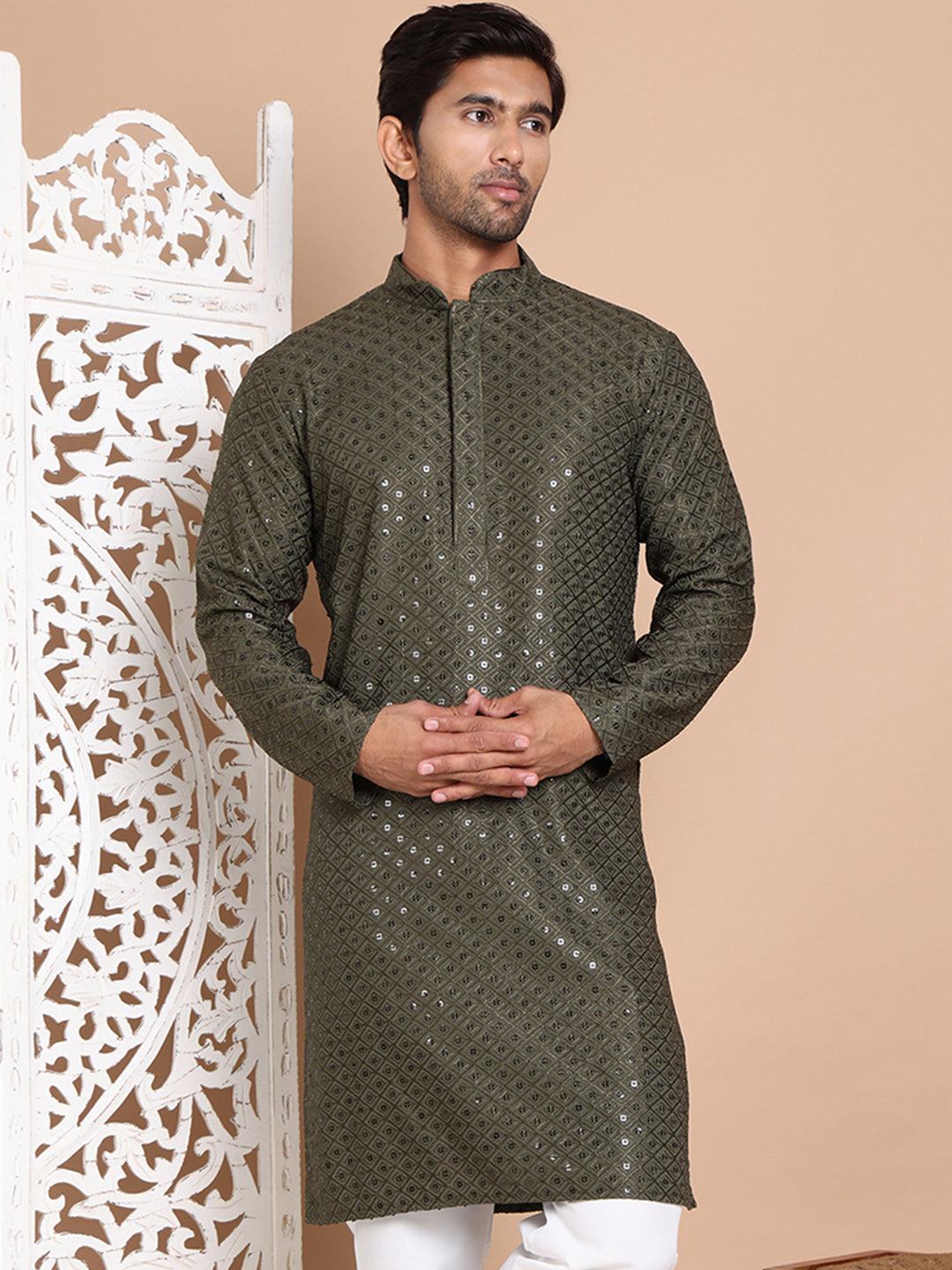 Embroidered and Sequence Kurta For Men. ( KO 5098Mehndi ) [FF] [J-2-3]