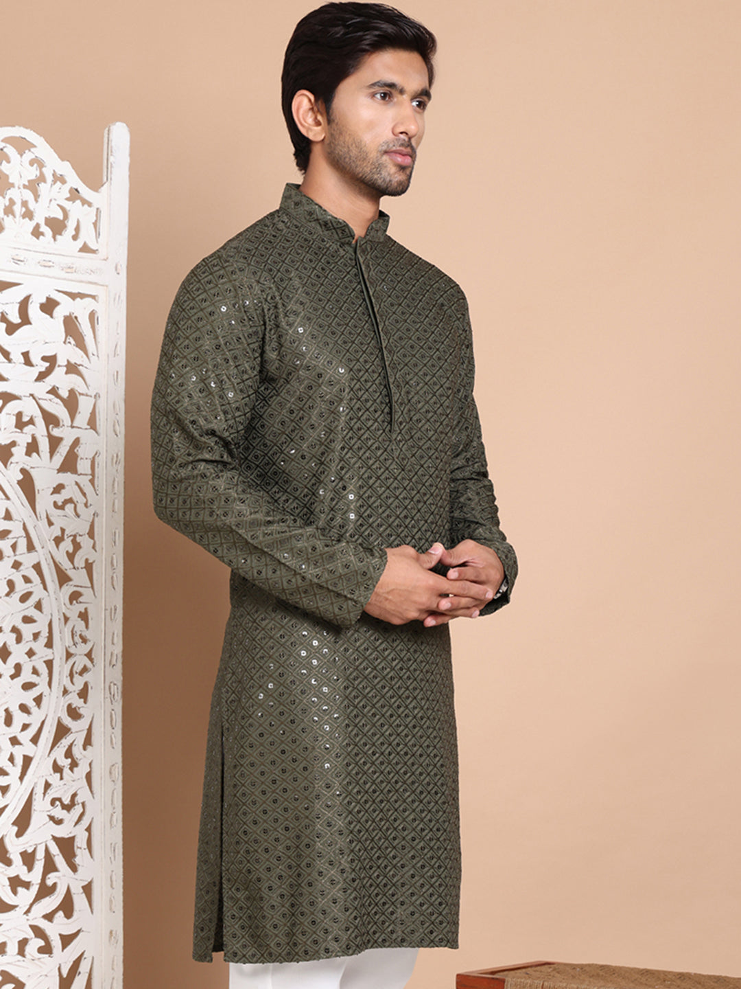 Embroidered and Sequence Kurta For Men. ( KO 5098Mehndi ) [FF] [J-2-3]