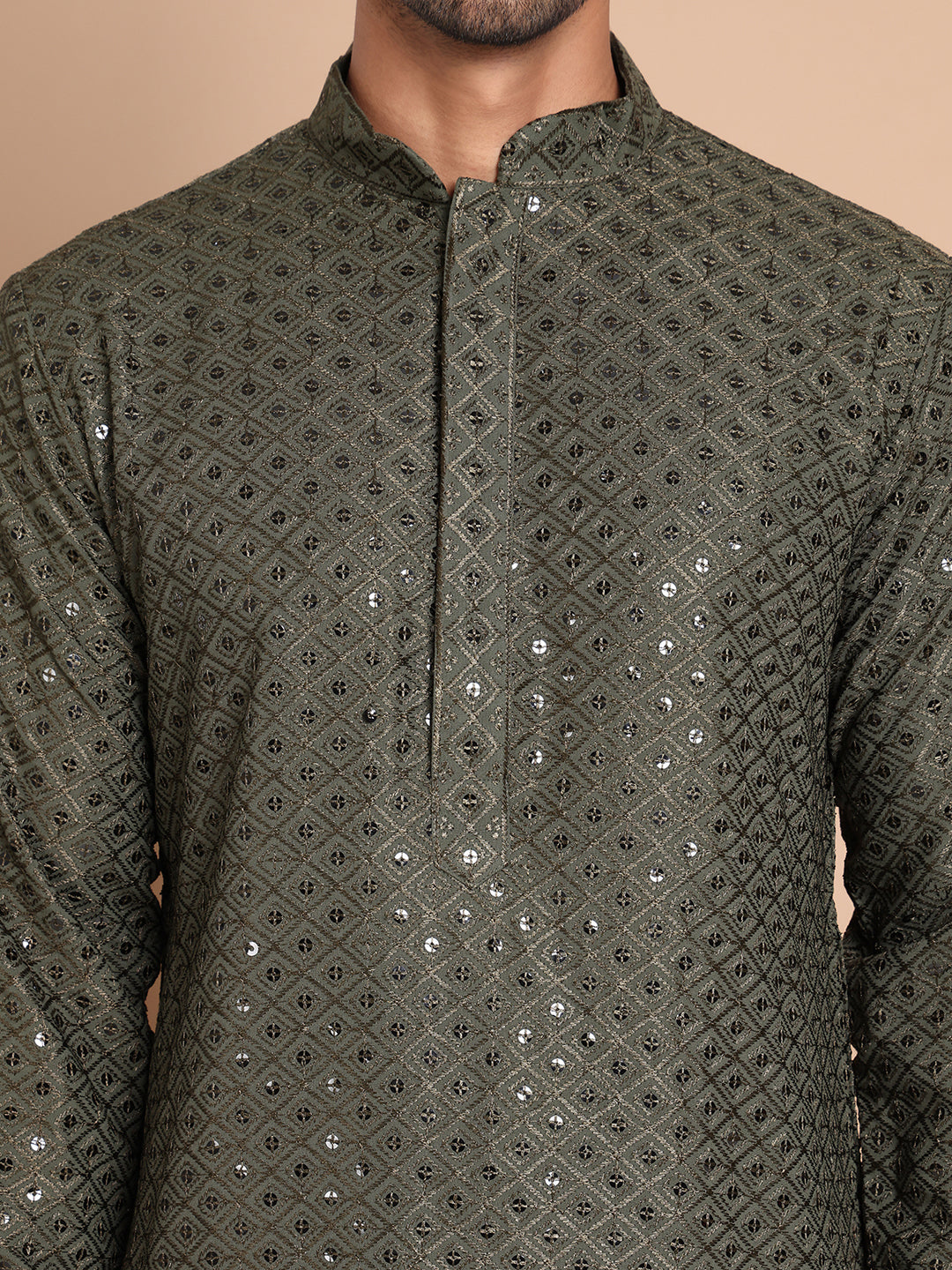 Embroidered and Sequence Kurta For Men. ( KO 5098Mehndi ) [FF] [J-2-3]