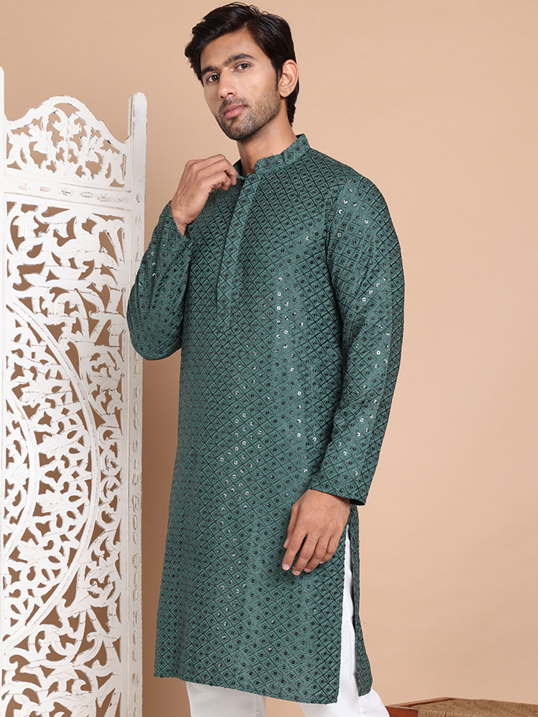 Embroidered and Sequence Kurta For Men. ( KO 5098Olive )