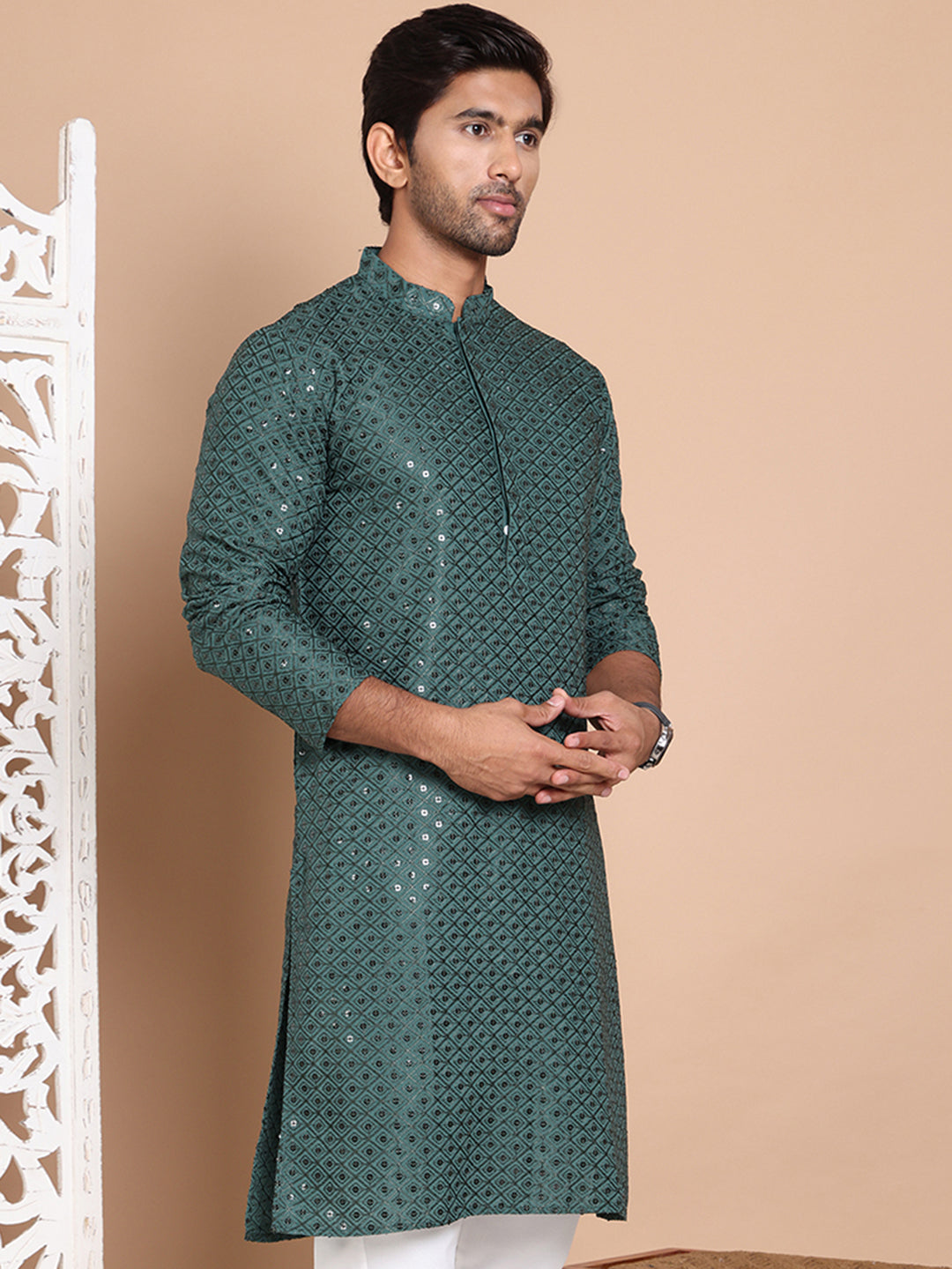 Embroidered and Sequence Kurta For Men. ( KO 5098Olive )