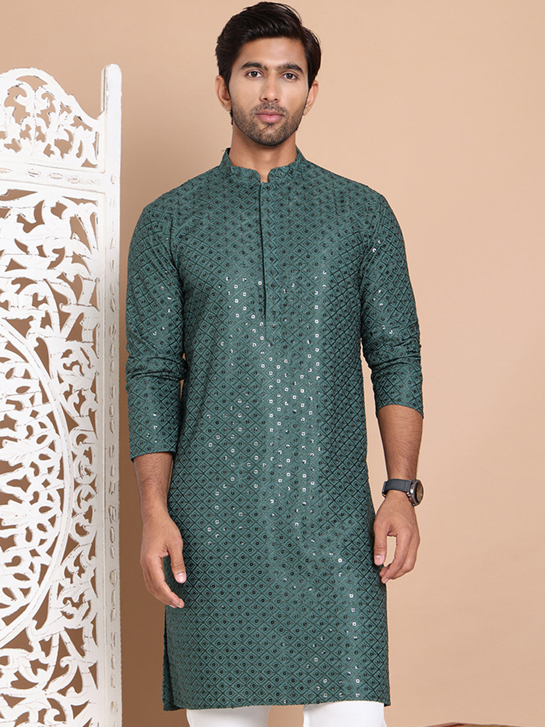 Embroidered and Sequence Kurta For Men. ( KO 5098Olive )