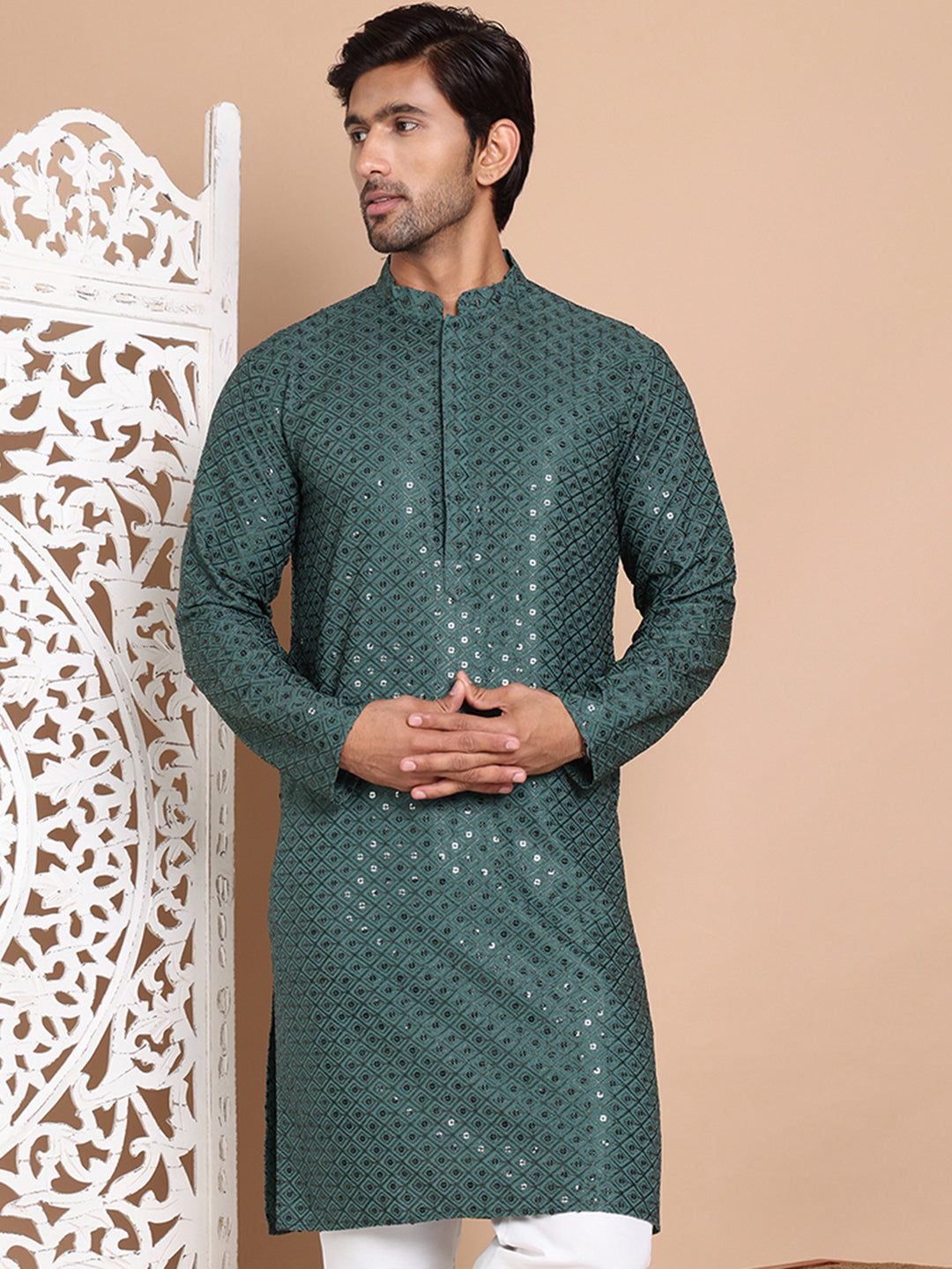 Embroidered and Sequence Kurta For Men. ( KO 5098Olive )