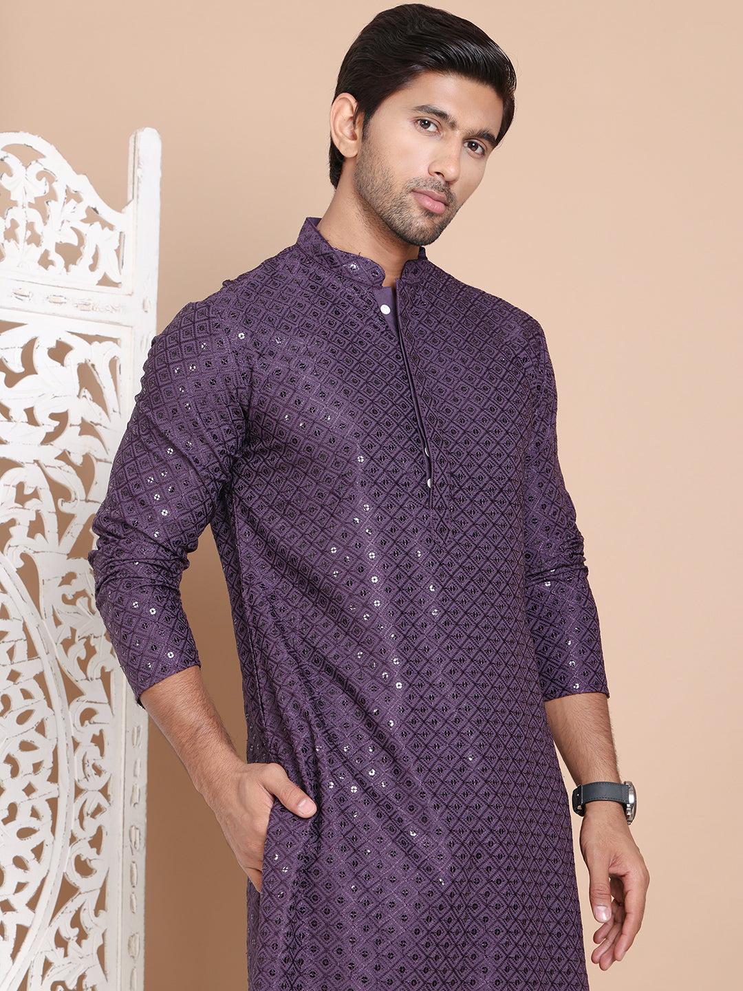 Embroidered and Sequence Kurta For Men. ( KO 5098Purple ) [FF] [J-2-3]