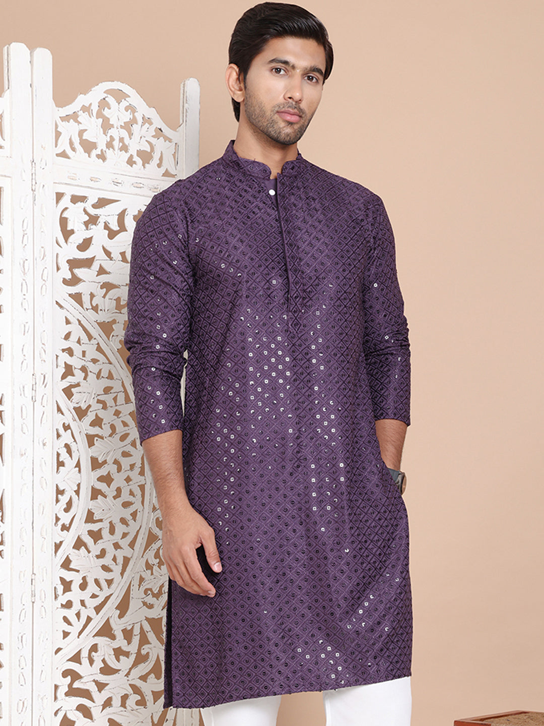 Embroidered and Sequence Kurta For Men. ( KO 5098Purple ) [FF] [J-2-3]