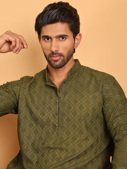 Embroidered Cotton Kurtas for Men (KO 5099 Olive ) [FF] [B-13]