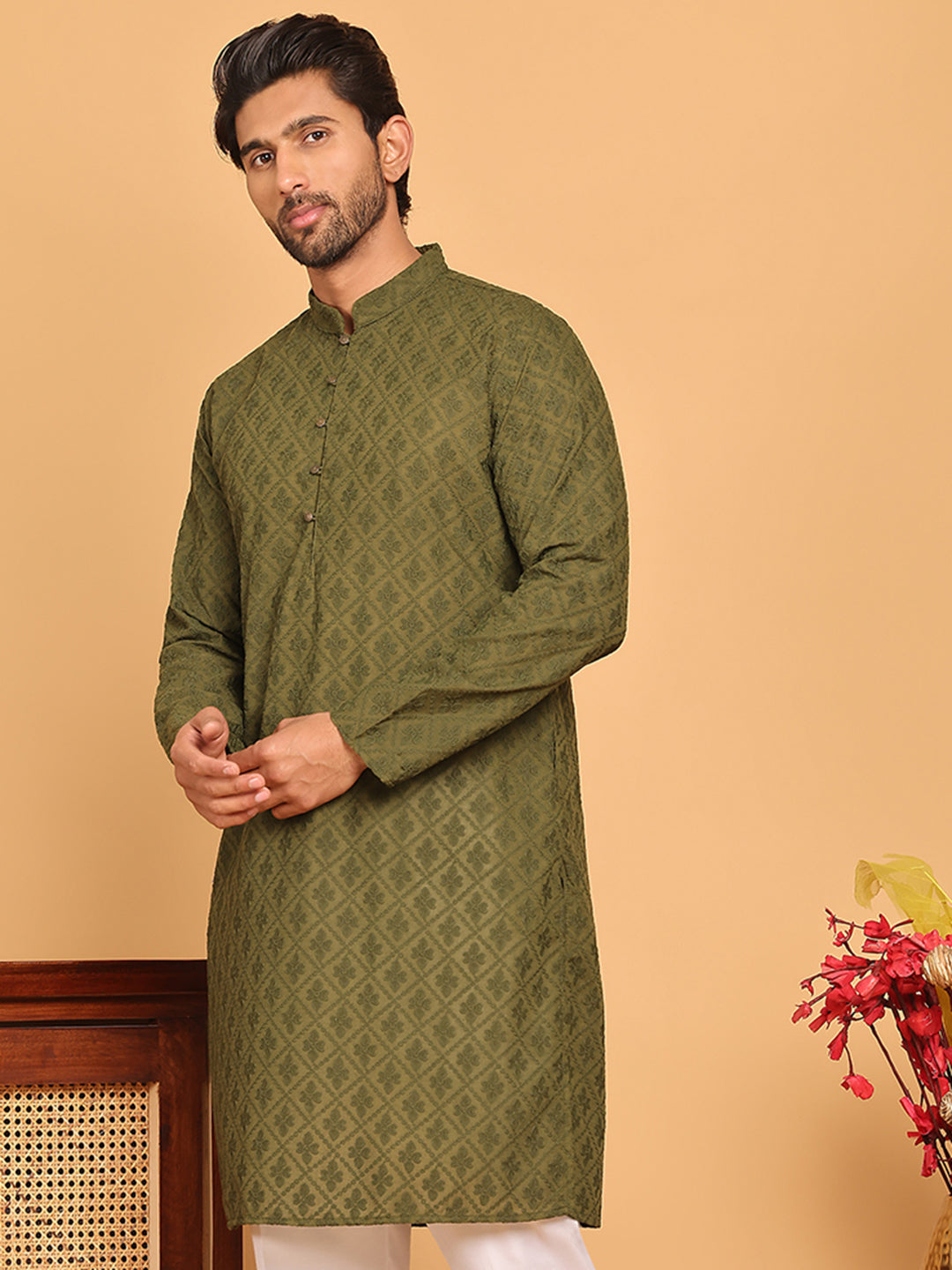 Embroidered Cotton Kurtas for Men (KO 5099 Olive ) [FF] [B-13]