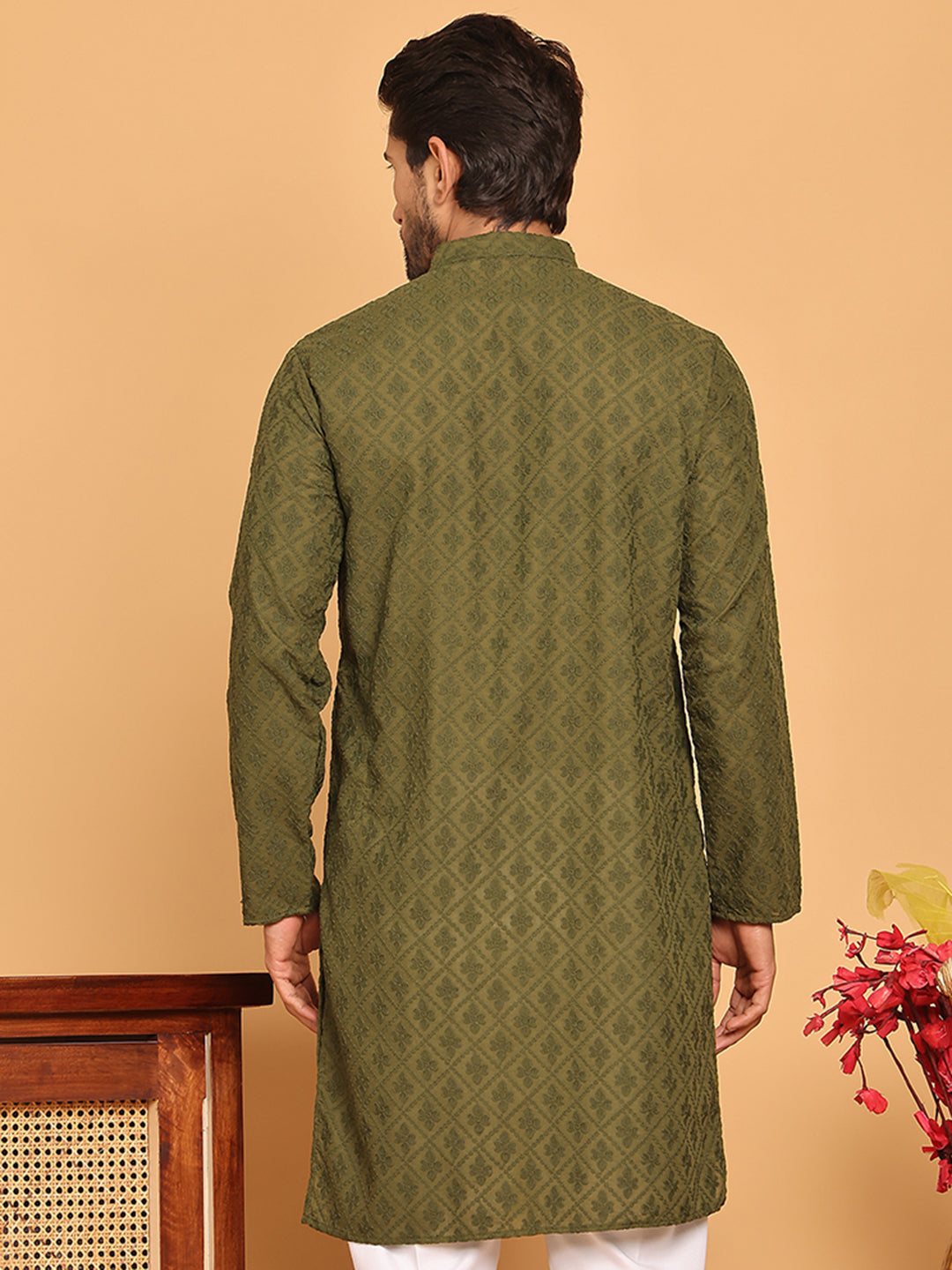 Embroidered Cotton Kurtas for Men (KO 5099 Olive ) [FF] [B-13]