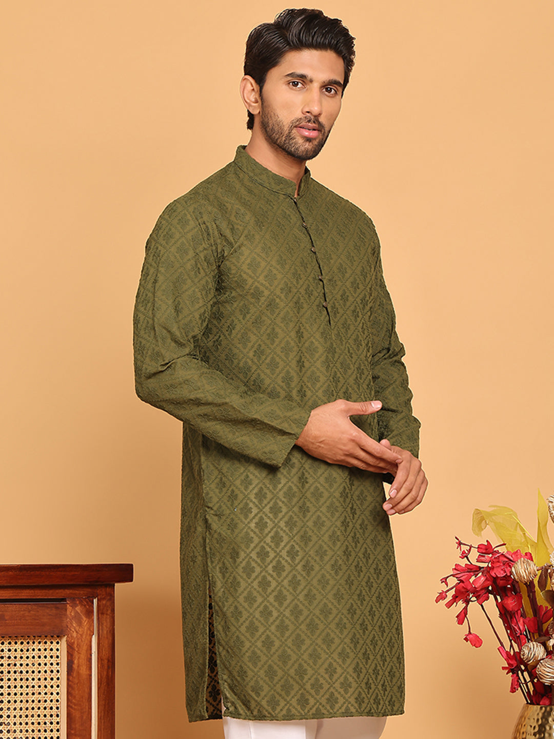 Embroidered Cotton Kurtas for Men (KO 5099 Olive ) [FF] [B-13]