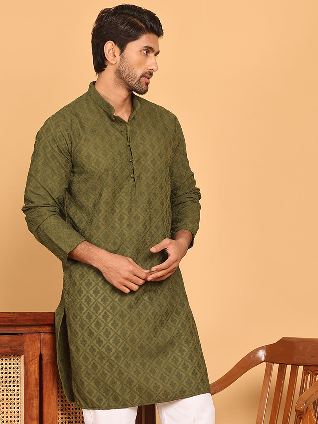 Embroidered Cotton Kurtas for Men (KO 5099 Olive ) [FF] [B-13]