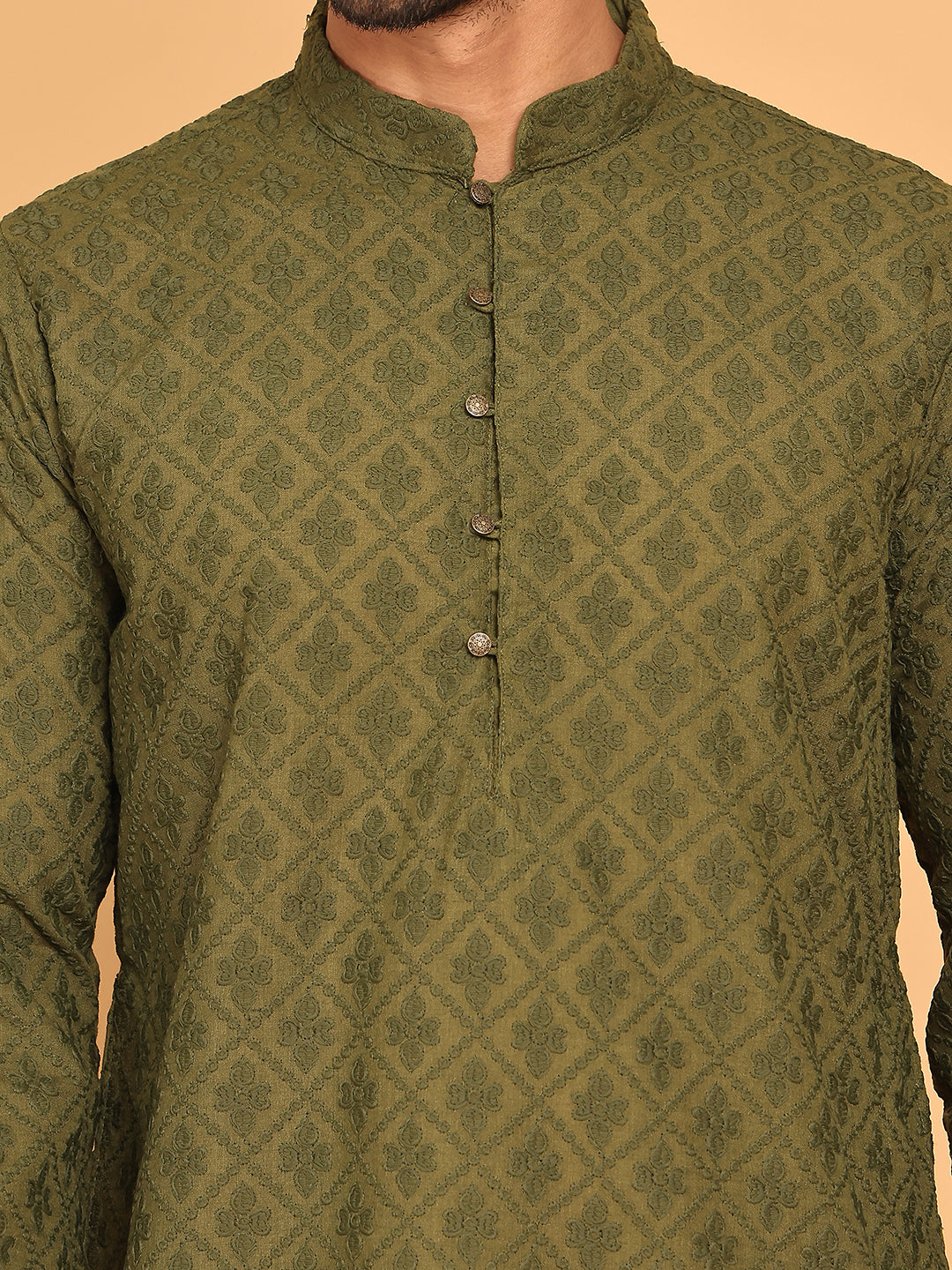 Embroidered Cotton Kurtas for Men (KO 5099 Olive ) [FF] [B-13]