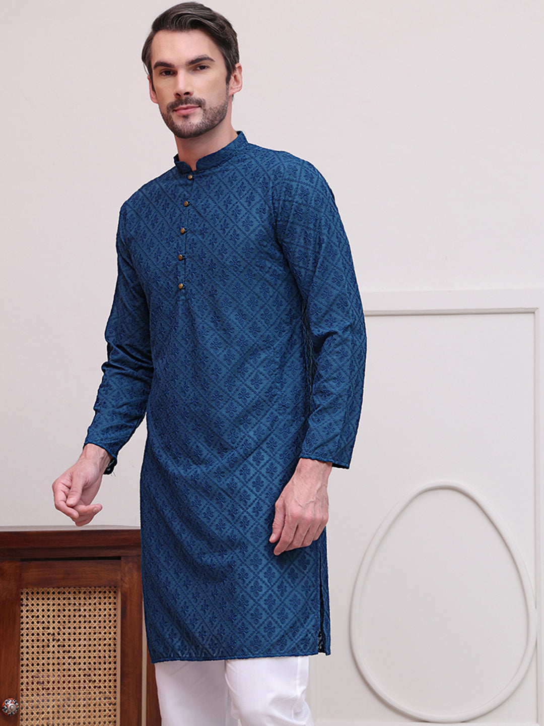 Embroidered Cotton Kurtas ( KO 5099Teal )