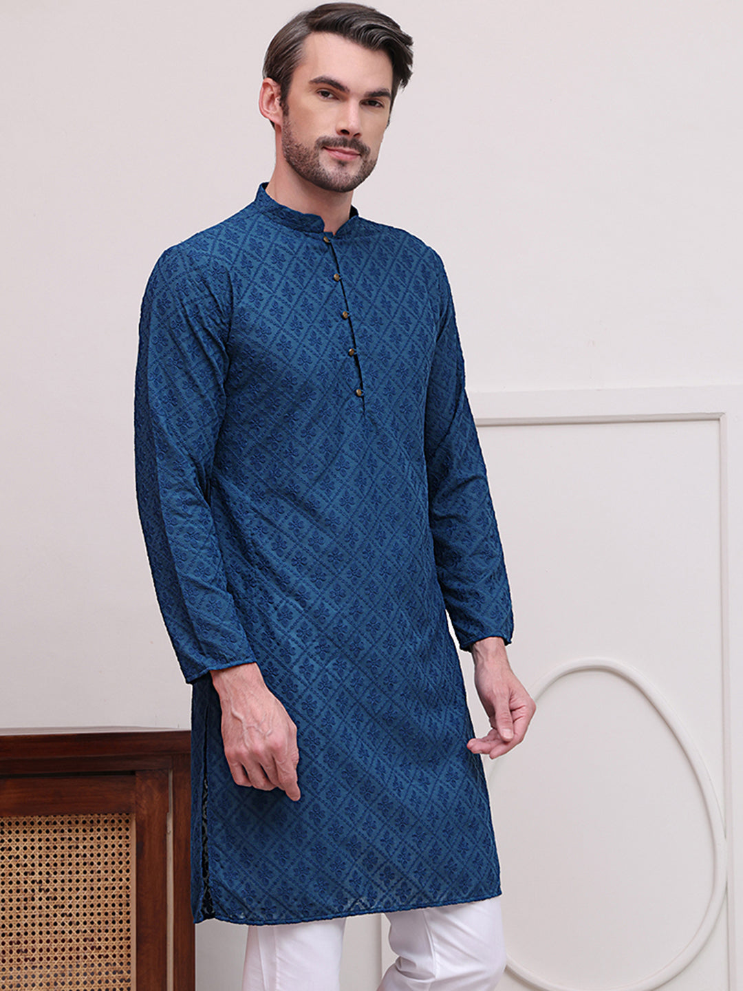 Embroidered Cotton Kurtas ( KO 5099Teal )